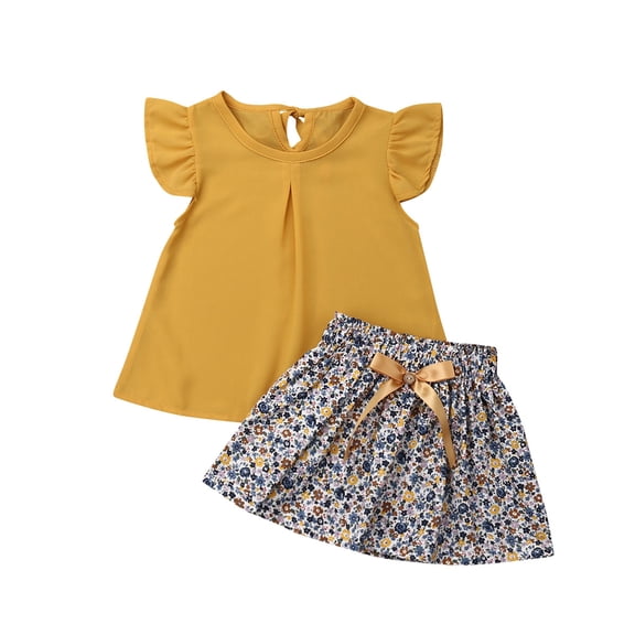 BemeyourBBs Toddler Baby Girls Summer Clothes Cute Infant Baby Girl 2 Pieces Spring Summer Outfits Yellow Flying Sleeve Tunic Shirt Tops Bowknot Floral Tutu Skirt Set 1-5T
