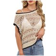 thumbnail image 2 of Vmvidoty Short Sleeve Crochet Sweater Casual Beach Cover up Off Shoulder Summer Tops Loose Hollow Out Knit Tops Crewneck Pullover Khaki L, 2 of 9