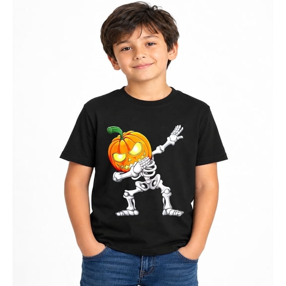 Halloween Pumpkin Head Dancing Skeleton Graphic T-Shirt for Boys, Fun Spooky Short Sleeve Shirt for Fall