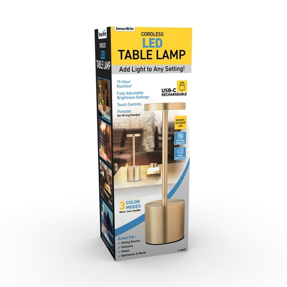 Sensor Brite Cordless LED Table Lamp, USB-C Rechargeable, Durable Construction, Gold