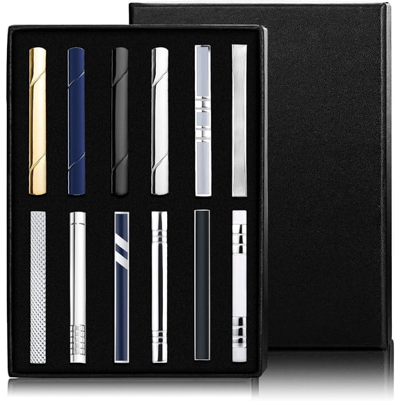 12 Pcs Tie Clips for Men, Classic Tie Bar Clip Set for Regular Ties Necktie Tie Bar Pinch Clips, Wedding Metting Business Tie Pin Clips with Luxury Box Gift