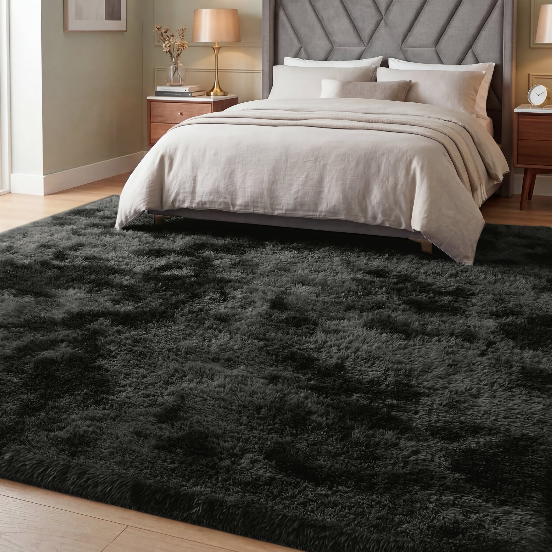 Nefoso Shag Area Rug, 5ft x 7ft Soft Fluffy Tie-Dye Area Rugs for Living Room Bedroom Decor Carpet, Black & Grey