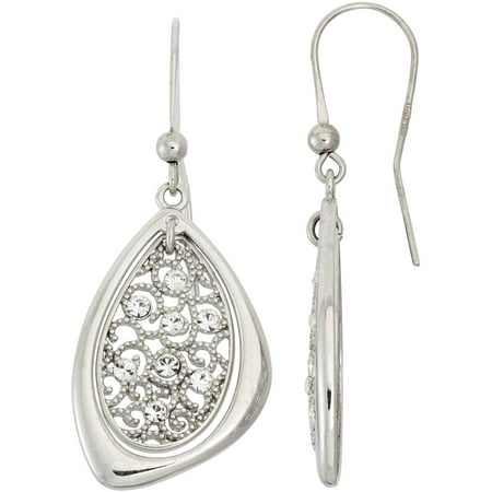Giuliano Mameli White Crystal Accent Rhodium-Plated Sterling Silver Oval Beaded Filigree Triangular Frame Drop Earrings