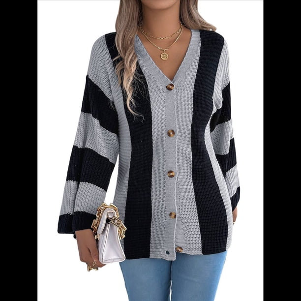 Suéter Tipo Cárdigan de Acampanada con Rayas Contrastantes para Mujer, Otoño e Invierno, Abrigo de Longitud Media. Gris S