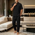 thumbnail image 5 of Men's Cotton Linen Kung Fu Uniform 2 Piece Set Loose Fit Breathable Lightweight Tai Chi Clothing for Training and Practice Short Sleeved Shirt Tops and Pants Size 5XL Black, 5 of 9