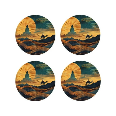 

Zeuib Sunset Desert Journey Print Set of 4 Coasters for Drinks Glass & Cups Stain Protection Table Coaster Set Decorative Coffee Cup Coasters Housewarming Gift for Home Decor-Round Shape