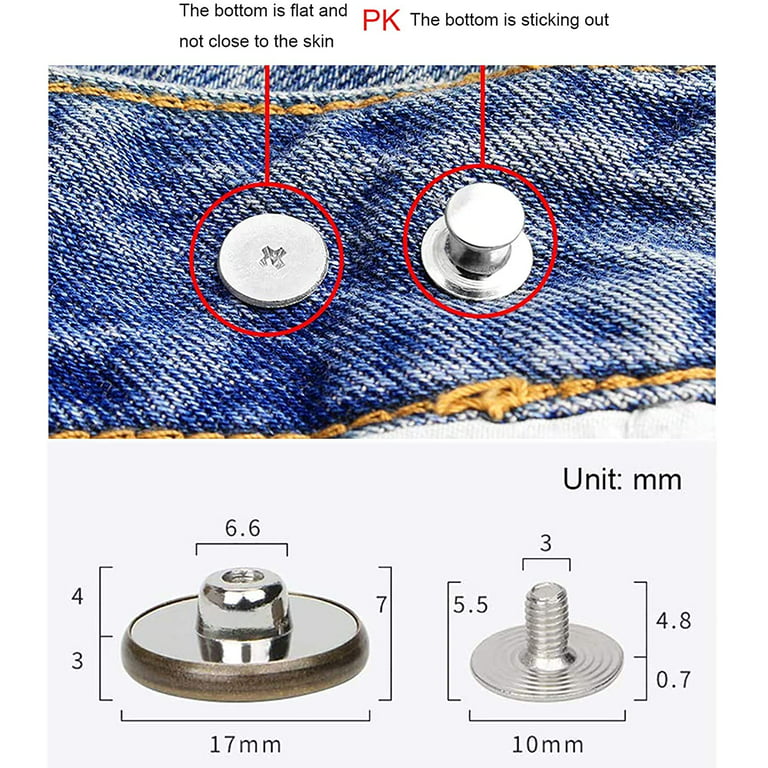 Button for Sewing Metal Jeans, 12 Pcs 17 mm No-Sew Nailess Removable Metal  Jeans Buttons Replacement Repair Combo Thread Rivets 