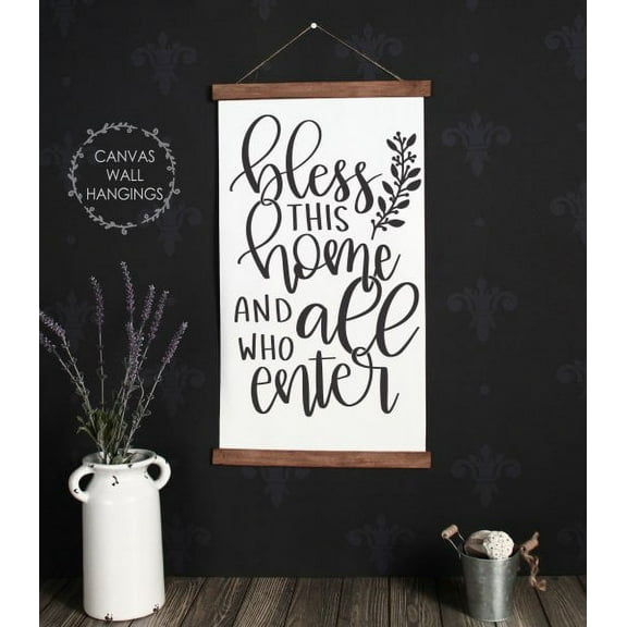 Wood Canvas Sign Wall Hanging, Bless This Home Entryway Wall Art 15x26-Inch