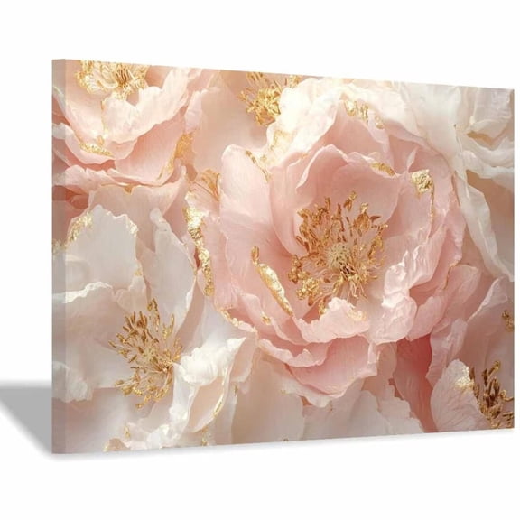 Mudket Blush Pink Peonies Canvas Wall Art, Framed Floral Print, Ready to Hang Wall Decor for Living Room Bedroom, Elegant Luxury Artwork - 12"L x 8"W