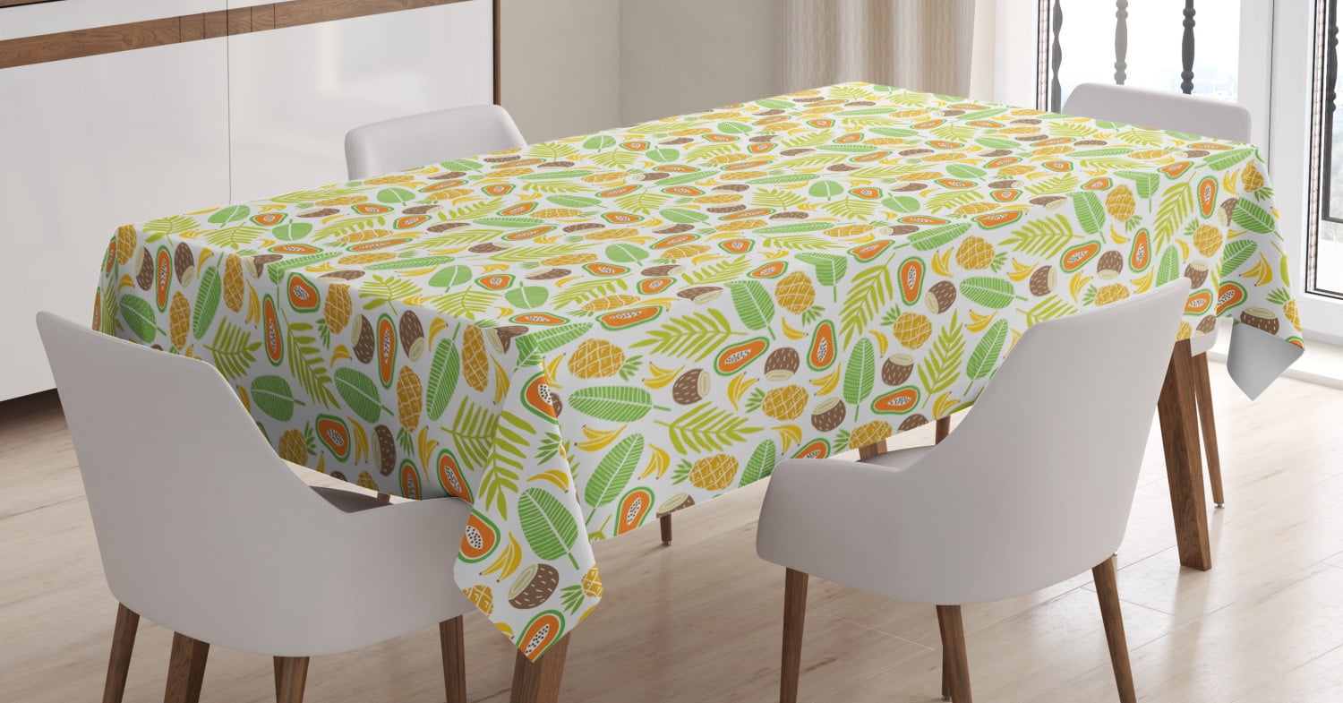 Banana Leaf Tablecloth, Papaya Fruit Pineapple Coconut and Parlor Palm