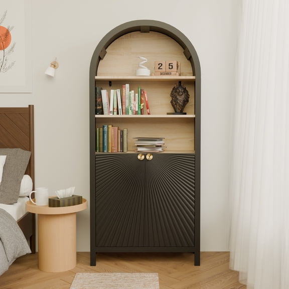 Demi Bonn 5-Tier Arched Bookcase, 61" Tall Wood Bookshelf with Storage Shelves and Door for Living Room, Home Office, Bedroom, Black