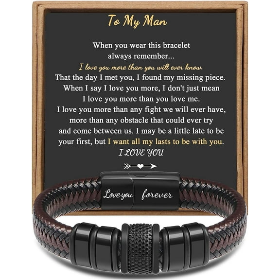 Mens Bracelet to My Man Gift for Him Love You Forever Layered Leather Bracelet Graduation Christmas Birthday Unique Gifts for Husband Him Fiance Boyfriend Valentines Day Christmas 7.5 Inches Single-T