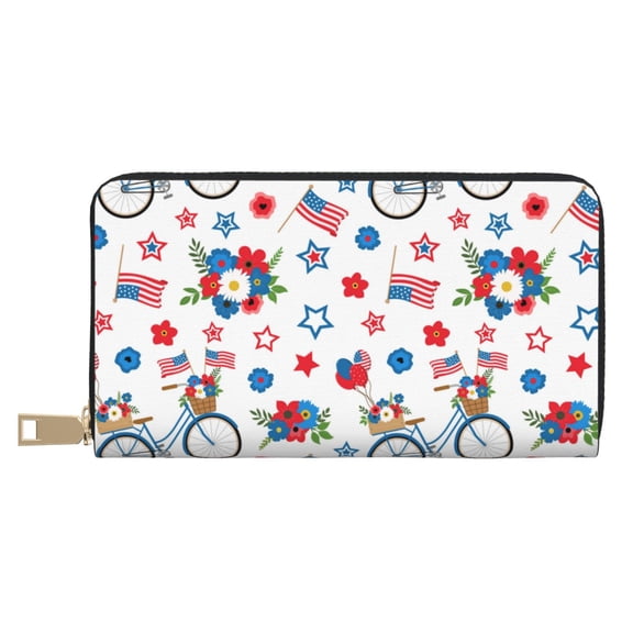 Leather Thin Slim Wallets for Women Men - USA Flag Print flower Clutch Card Wallet for Women Men with Zipper