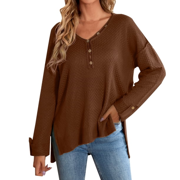 Gibobby Temperamento Suelto Top de Manga Larga Suéter de punto de manga larga con cuello en V sólido de moda cómoda informal de otoño invierno para mujer (Café, L)