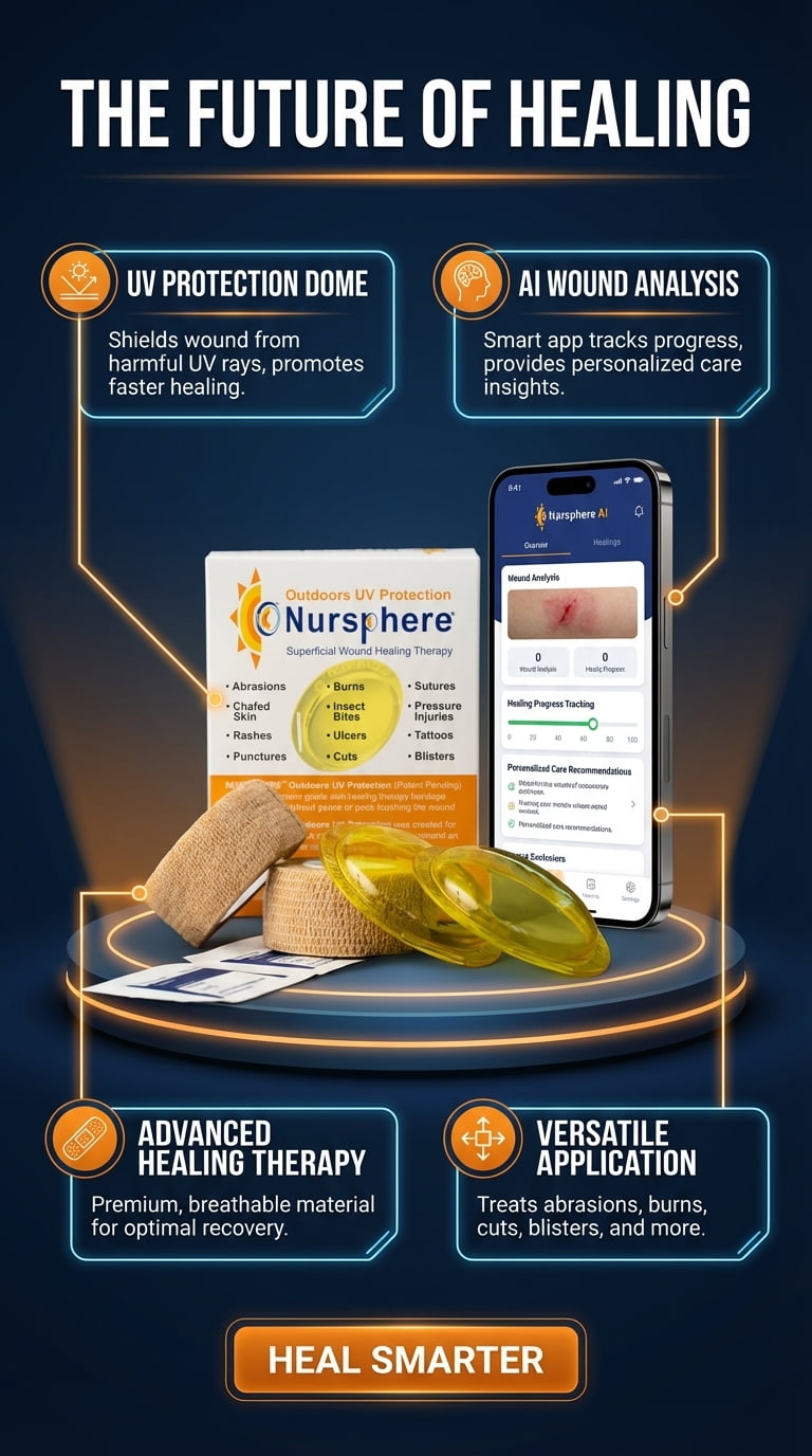 Nursphere® Dome Bandage™ Outdoors UV Protection with Wound Tracker™ App U.S. Medical Utility Patent No. 12,636,195.
