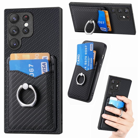 Allytechgroup Cards Holder Wallet Case for Samsung Galaxy S21 Ultra, PU Leather Slim Fit Shell Vintage Cards Slots Ring Holder Stand Easy Grip Phone Case for Samsung Galaxy S21 Ultra, Black