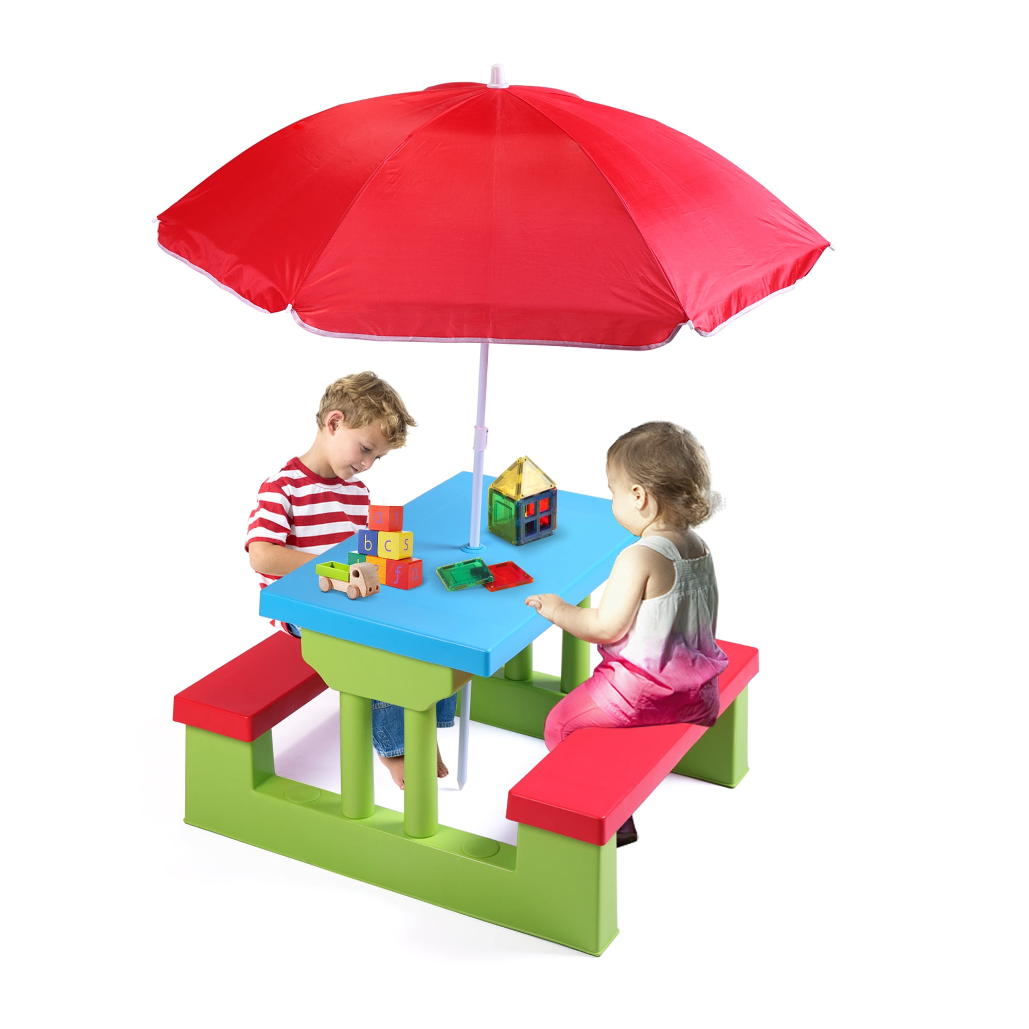 4 Seat Kids Picnic Table w/Umbrella Garden Yard Folding Children Bench Outdoor 