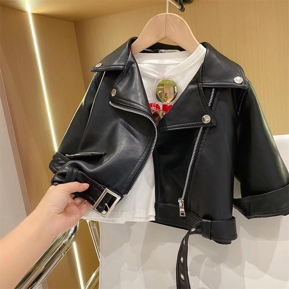 RTKFRFLM Girls Leather Jacket Chic Style Zippered Coat with Lining BK1 12-18 Months