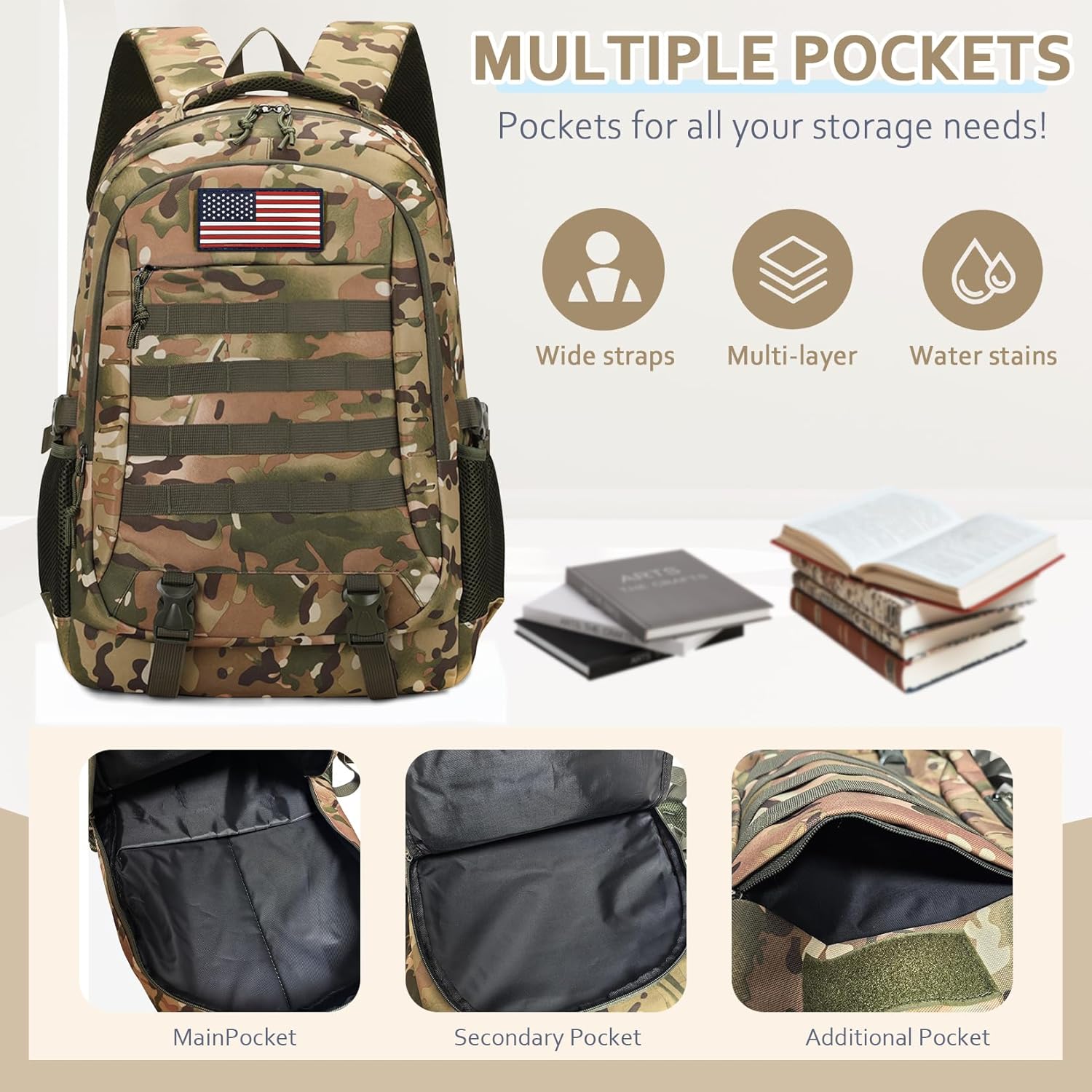 Camo Backpack 3 in 1 Set with Lunch Box & Pencil Case for Boys, 19 Inch School Bookbag for Kids Teens Elementary Middle High School, Lightweight Durable Bag for Outdoor Camping Trave