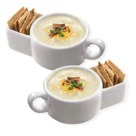 

i Kito Soup and Cracker Bowls Set with Handles Ceramic Soup Bowl with Cracker Holder White 2pack