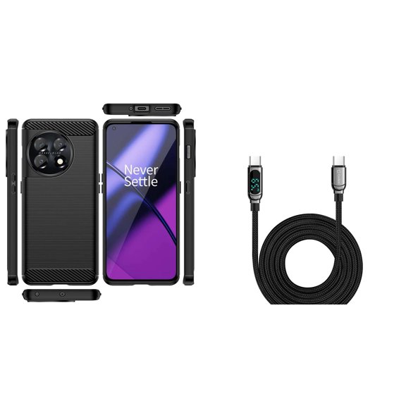 BD Flexible Cover Designed for OnePlus 11 5G Case - (Black) Slim TPU Armor Carbon Fiber Case with Digital LED Display Fast Charging USB-C to USB-C Cable (3.3 Feet)