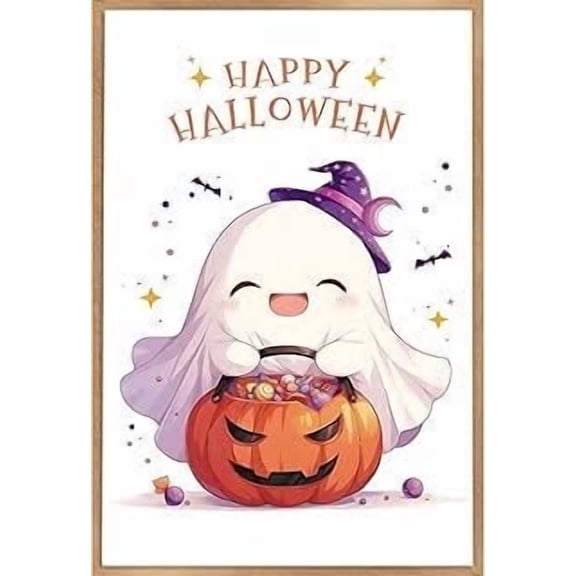 Happy Halloween Ghost Art Print – Cute Cartoon Ghost with Pumpkin – Perfect for Halloween Decor and Parties – Ideal for Kids’ Rooms and Holiday Celebrations