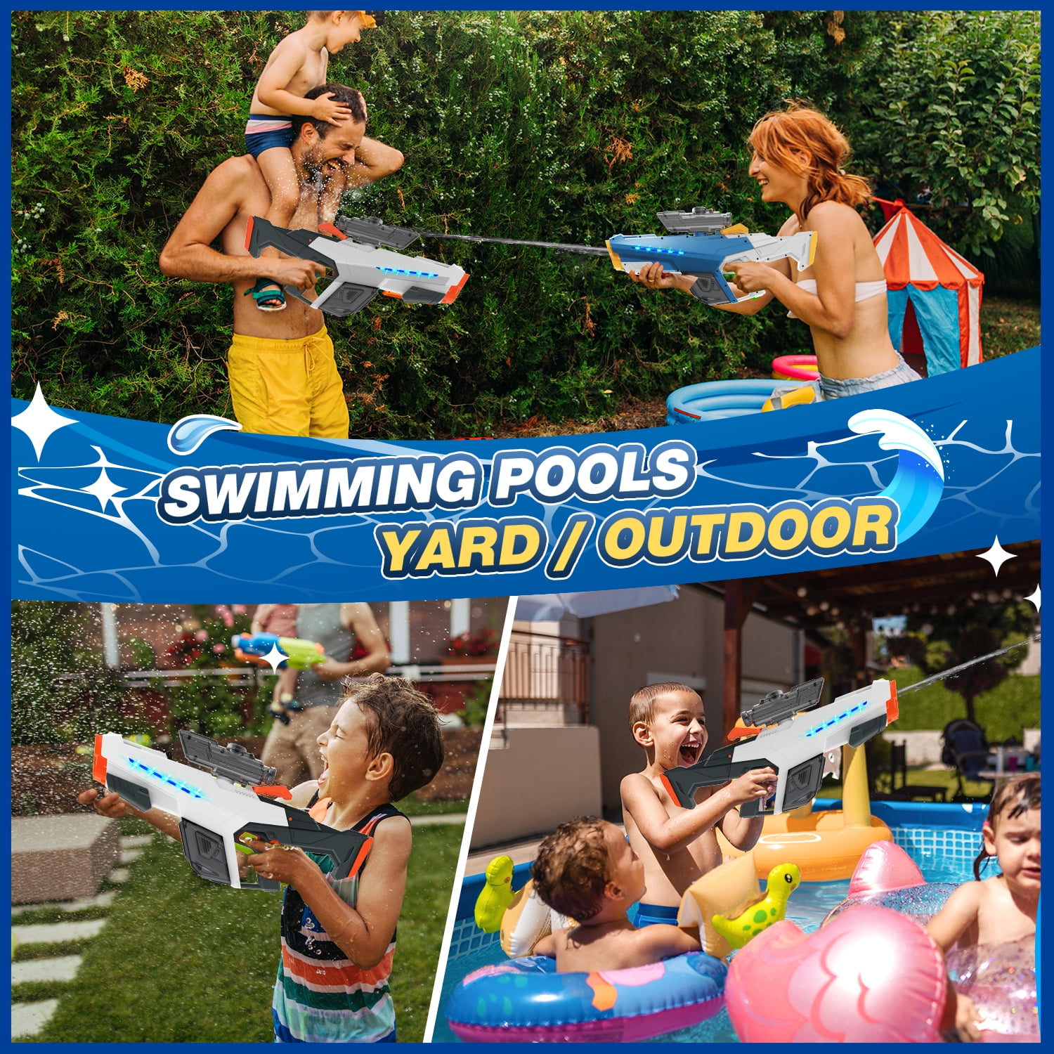 JoyStone Electric Water Blaster with Light, Automatic Manual Suction 2-in-1 Water Blaster for Adult Kids, Squirt Blaster39 Ft Range, Pool Beach Outdoor Party Toys, White