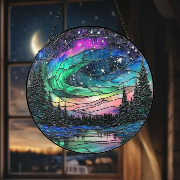 Aurora Borealis Stained Glass Suncatcher – Handmade Northern Lights Window Hanging, Mystical Nature Lover Home Decor