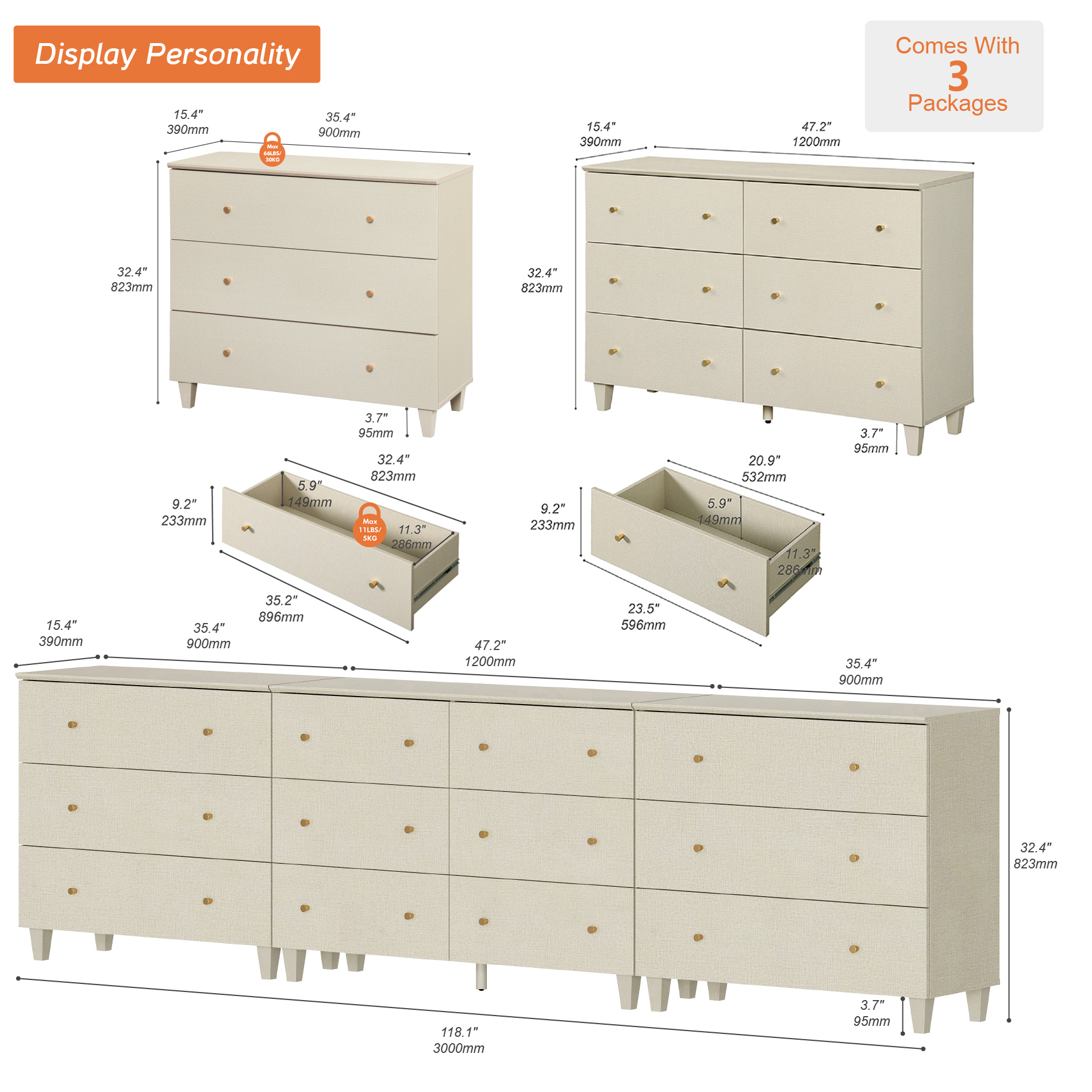 WAMPAT 12 Drawers Modern Wood Dresser for Bedroom, Modern Chest of Drawer, 118" Wide, Beige Linen Printed Finish