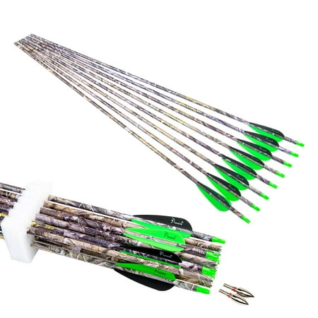 12PCS Archery 30 In 300 340 350 400 Spine Carbon Hunting Arrows for Compound Recurve Bow Target Green Camo Arrow Shaft 340