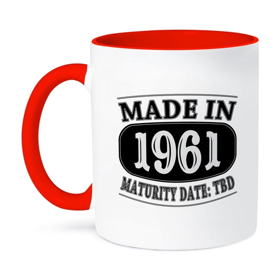 3dRose, Made in 1961 - Maturity Date TDB, 11oz Two-Tone Red Mug