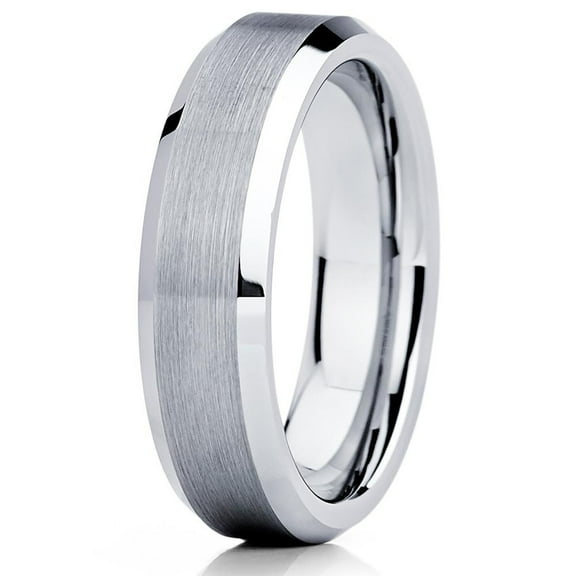 6mm Silver Brushed Tungsten Carbide Wedding Band Polished Beveled Edge Mens Womens Ring 10