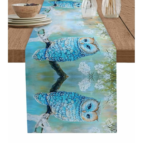 Boanket Blue Owl Table Runner - 36 Inch Long, Kitchen Dining Table Runner Dresser Scarves, Watercolor Flower Bird on Branch Farmhouse Decor for Coffee Tables Wedding Party Banquet