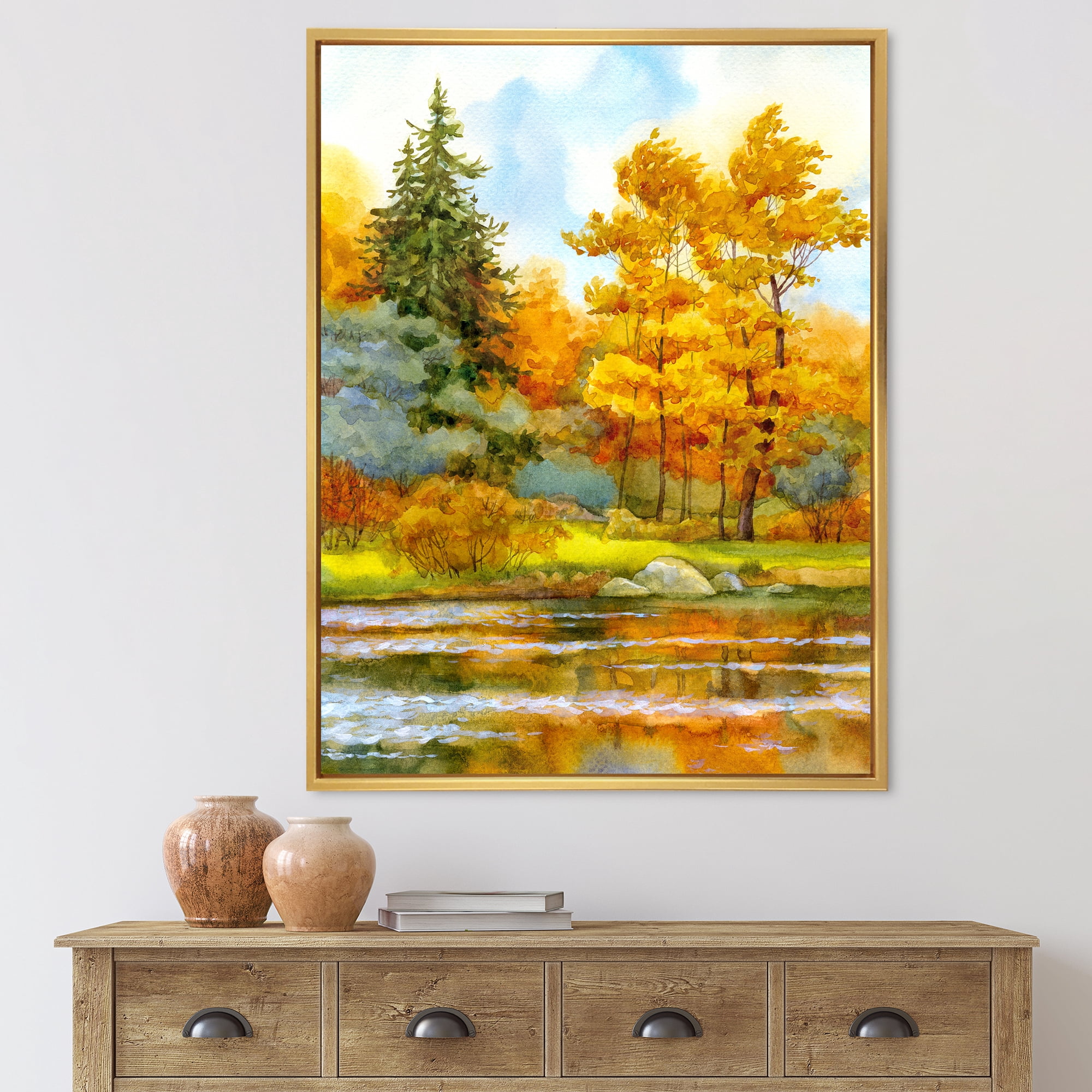 Designart 'Autumn Forest By The Lake Side I' Lake House Framed Canvas Wall Art Print