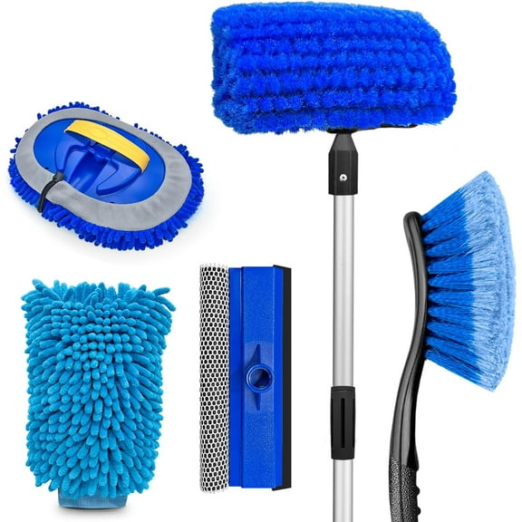 65'' Five-Sided Car Wash Brush with Long Handle, Scratch-Free Car Cleaning Kit with Soft Wash Brush, Tire Brush, Window Squeegee, Car Wash Mitt, Microfiber Cleaning Head & Extension Pole