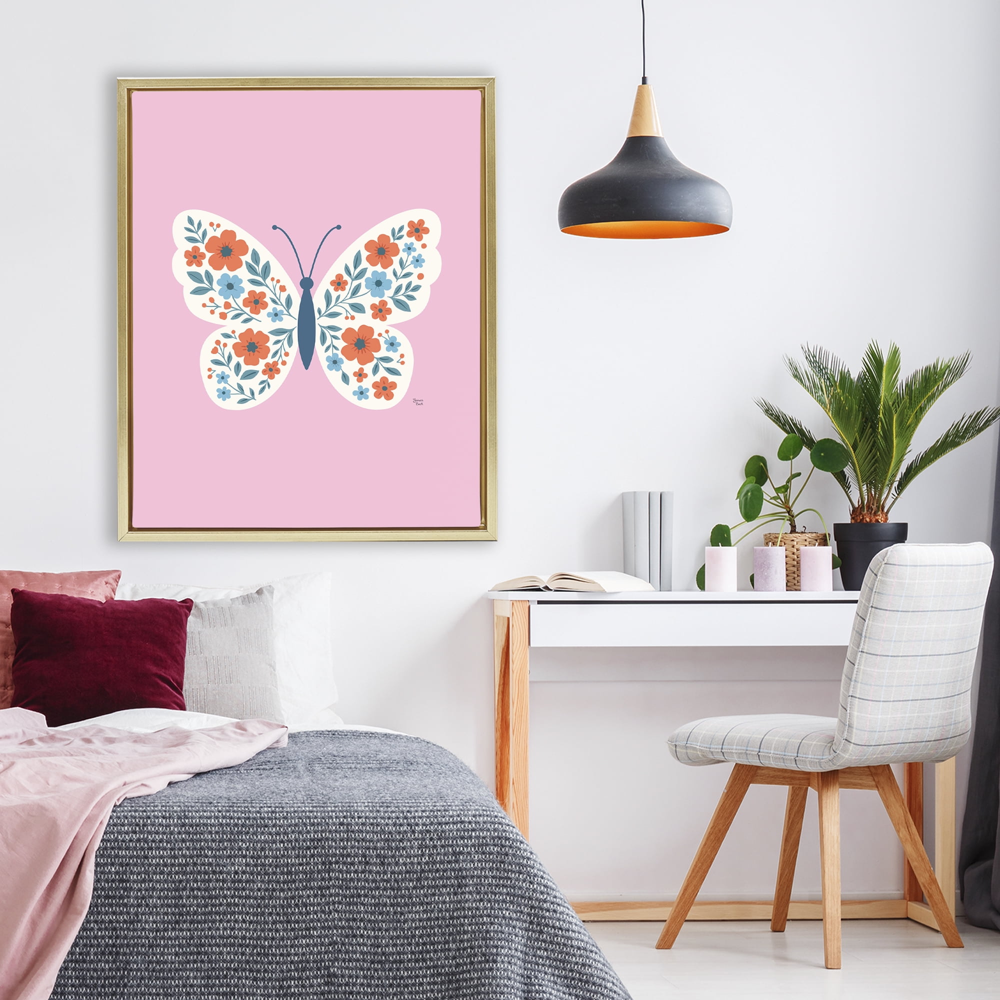 Boho Pink Floral Butterfly Gold Framed Floater Canvas Wall Art, design by Jessica Beck