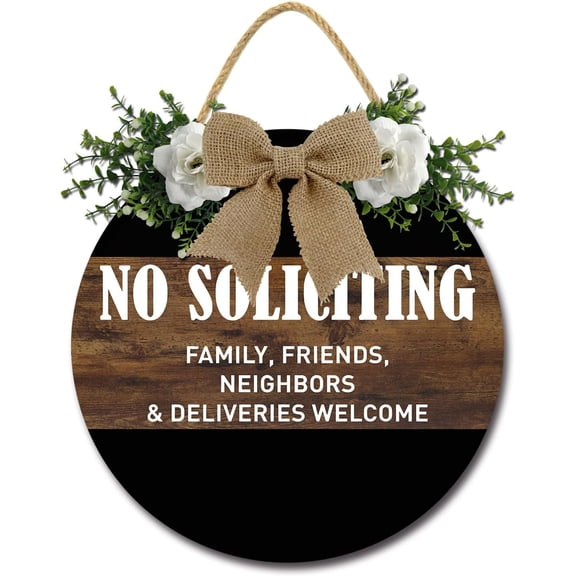 No Soliciting Family Friends Neighbors Welcome Sign for Front Door Welcome Door Signch Funny Round Wood Hanging Wreath Decoration for Home Porch Yard Housewarming