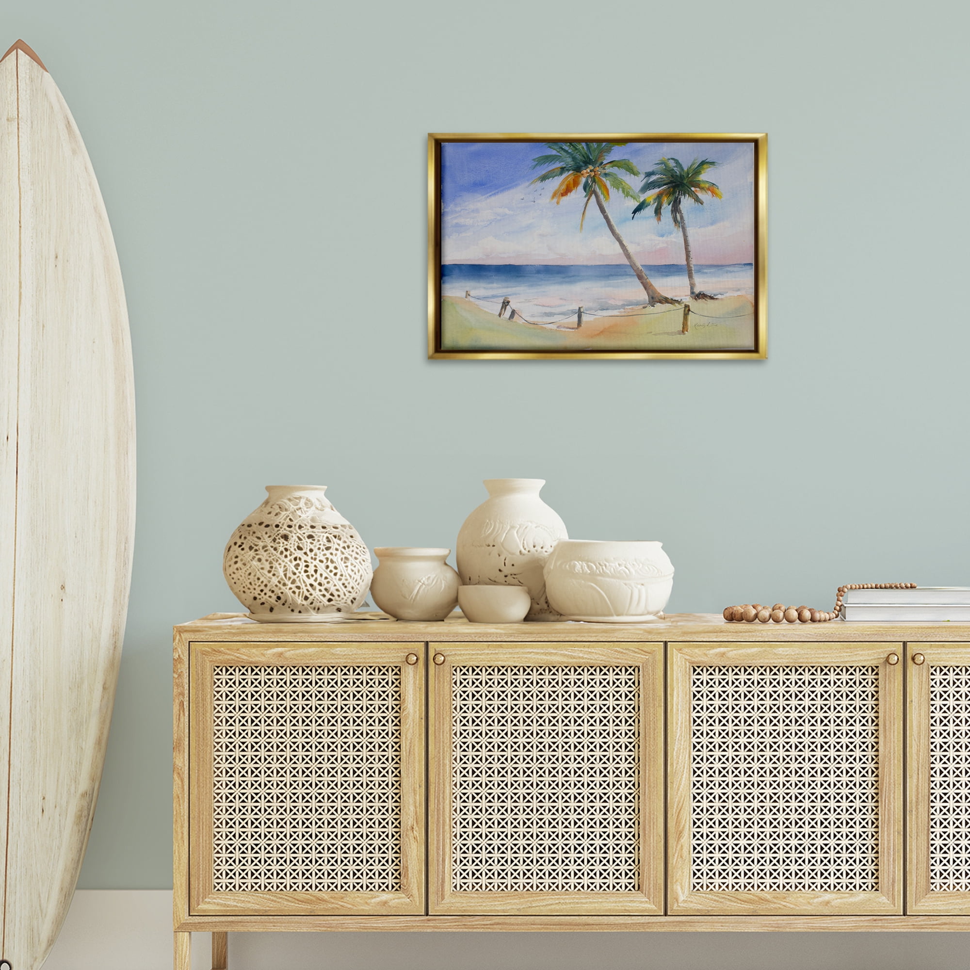 Stupell Industries Two Palms Beach Sunset Nautical & Beach Painting Gold Floater Framed Canvas Art Print Wall Art, 25 x 17