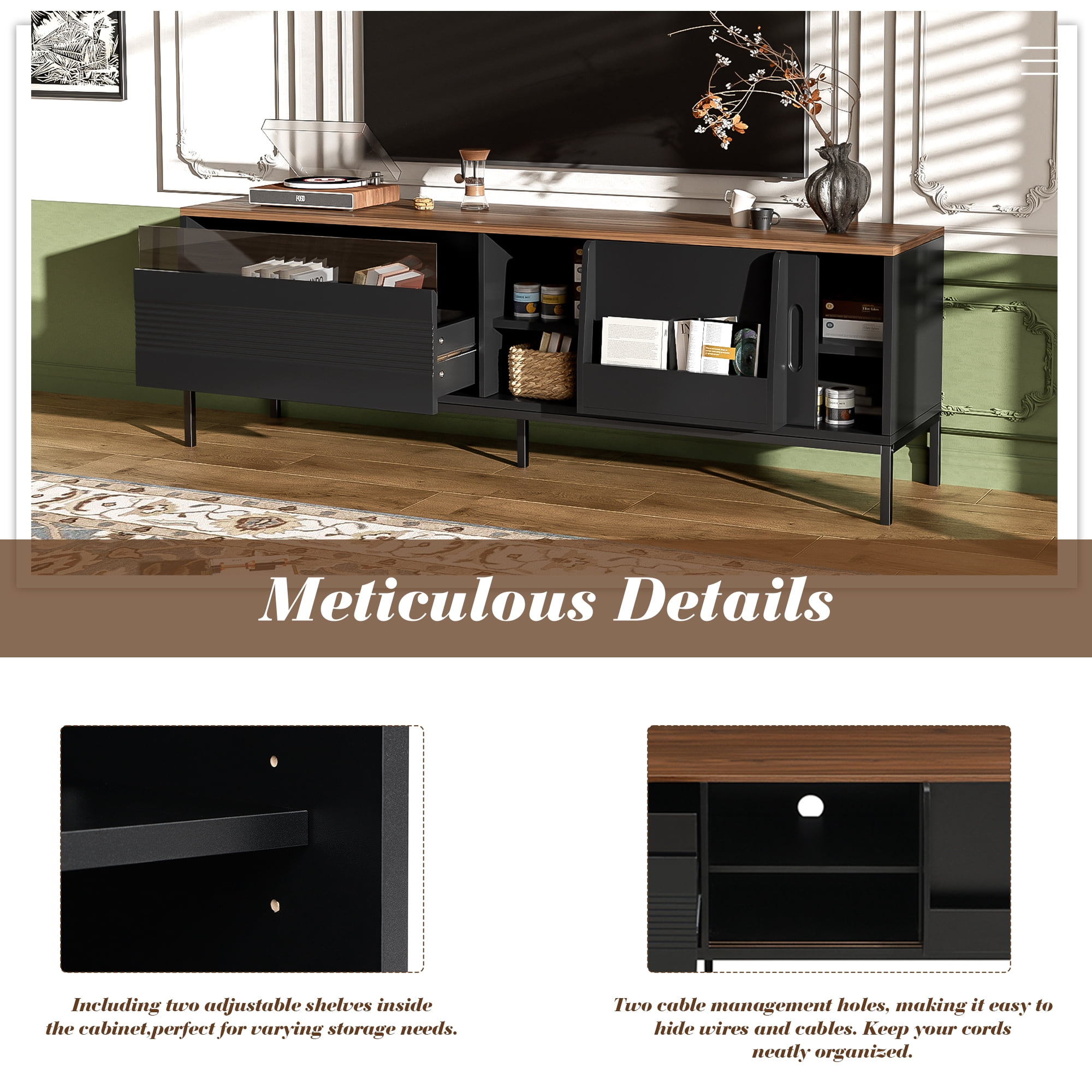 TV Stand 70.8 Inch, Entertainment Center with Sliding Doors and Adjustable Shelves, Media Console for TVs up to 75 Inch, Living Room Furniture, Black