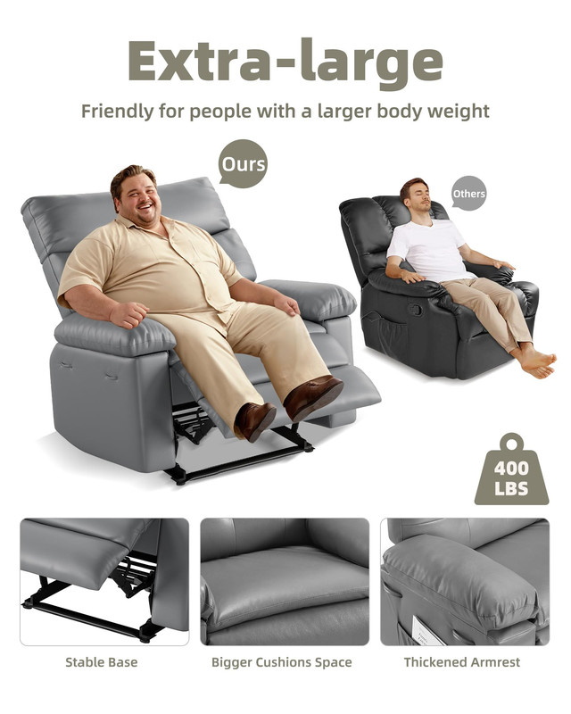 Towallmark Oversized Extra Wide Manual Recliner Chair, Big and Tall 400 Lbs Reclining Chair with Foldable Armrests, Effortless Reclining System for Relaxation, Grey