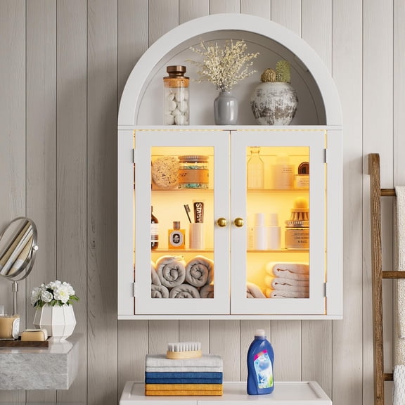 PAKASEPT 27.6"W Wood Bathroom Arched Wall Cabinet, Over The Toilet Storage Cabinet, Wall Mounted Cabinet with Tempered Glass Door&Adjustable Shelves