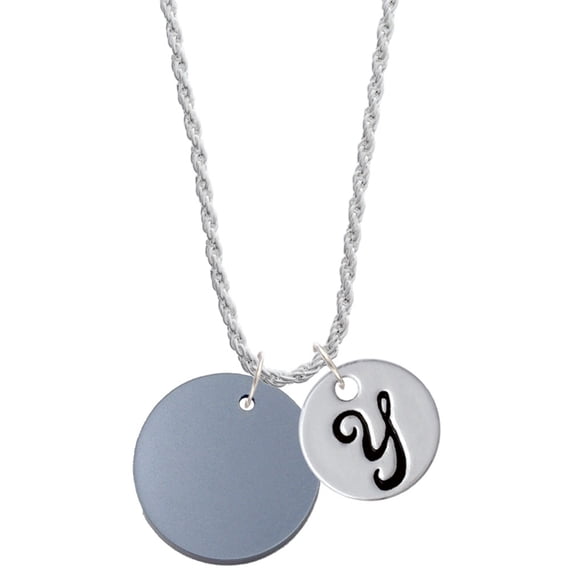 Delight Jewelry Acrylic 1" Disc Black Imitation Pearl Silvertone Script Initial Disc - Y - Charm Necklace, 20"+3"