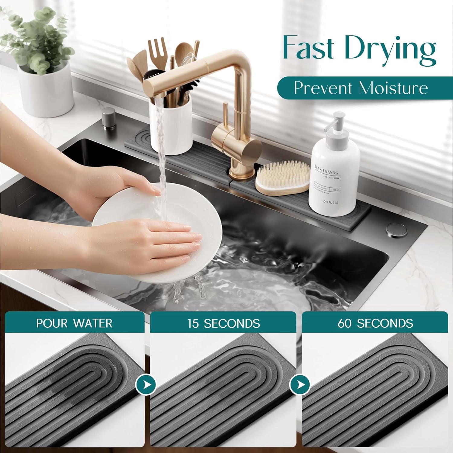 Diatomite Kitchen Sink Faucet Splash Guard – 23.6 Inch DryingNeat Stone Sink Tray, Mordern Faucet Handle Drip Catcher Stone, Absorbent Mat for Kitchen Counter [Dark Grey, 23.6"x 3.9"]