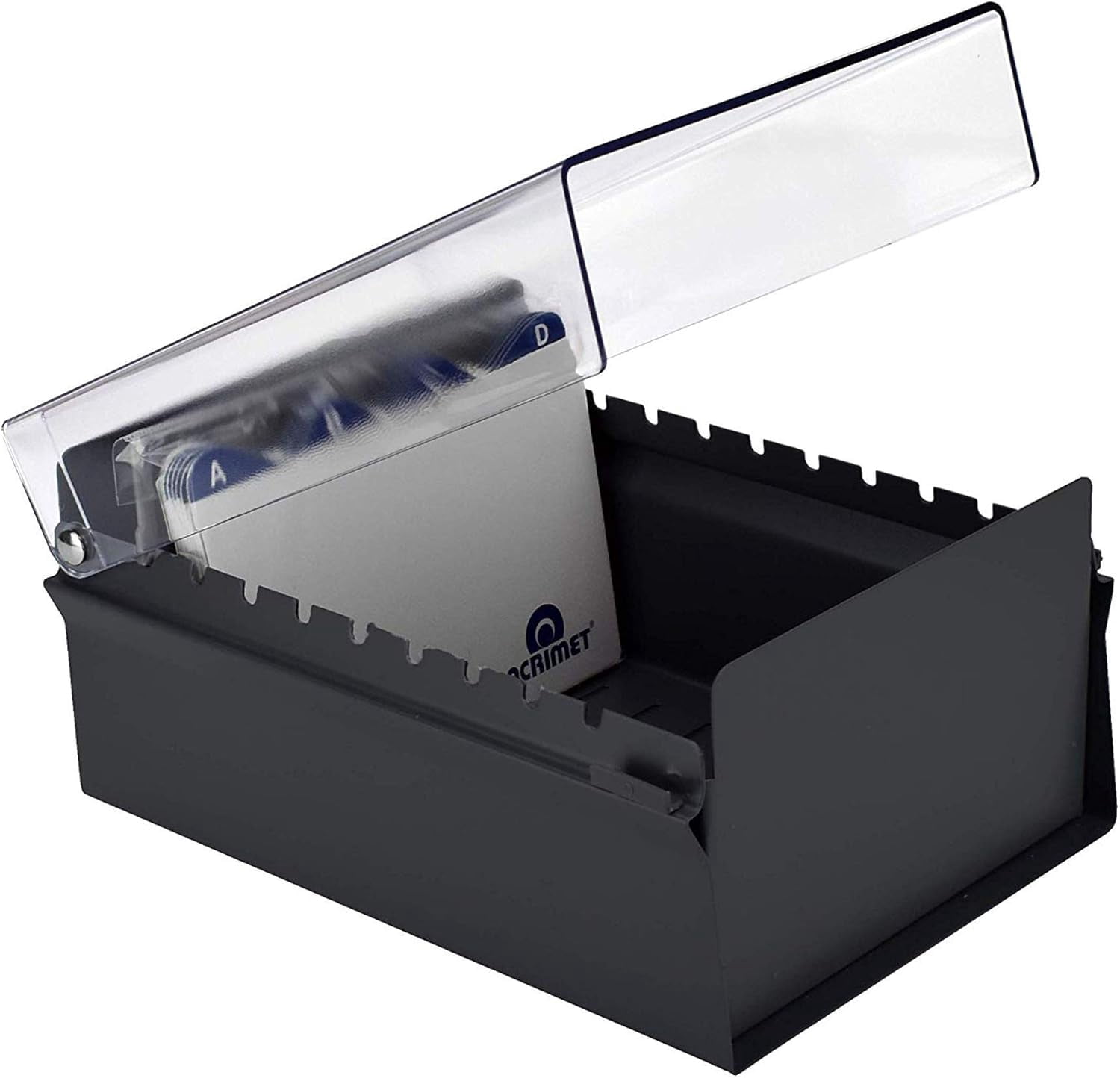 Acrimet 4 x 6 Card File Holder Organizer Box Metal Base Heavy Duty (AZ Index Cards and Divider Included) (Black Color with Clear Crystal Plastic Lid Cover)