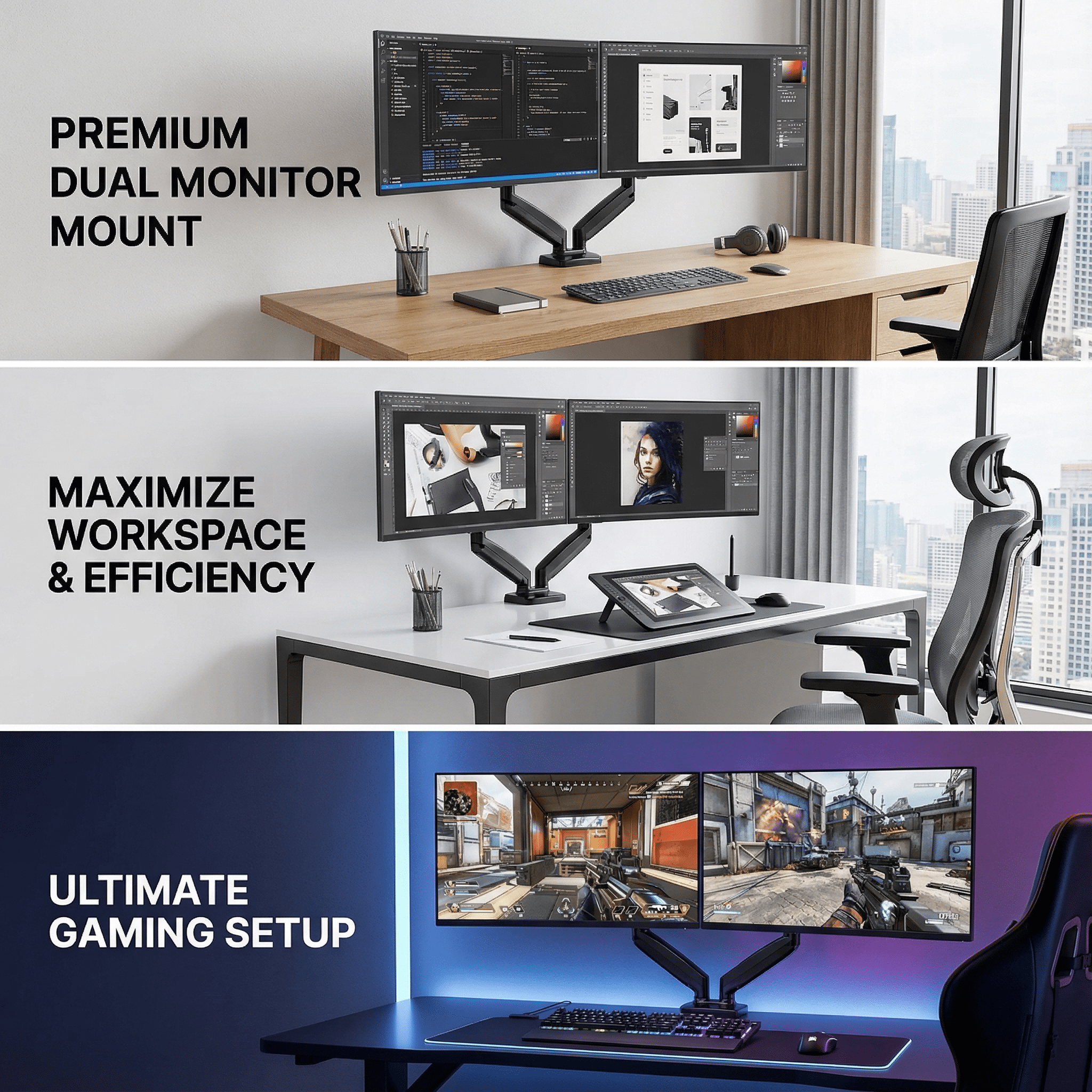 LIFERECORD Dual Monitor Stand for 13-32 Inch Screens, Gas Spring Monitor Arm with Adjustable Height, Tilt, Swivel, VESA Mount for Home Office Desk