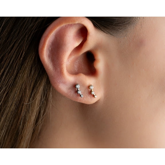 G23 Titanium Tiny Triple Stones push in flat back earclimber Stud Earrings, threadless tragus stud, cartilage Diamond Ear Climber