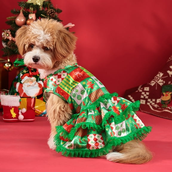 Green Stretchy Christmas Dog Dress | Ruffled Patchwork Pet Costume | Xmas Tree/Bell Patterns | Festive Outfit for Small Dogs & Cats