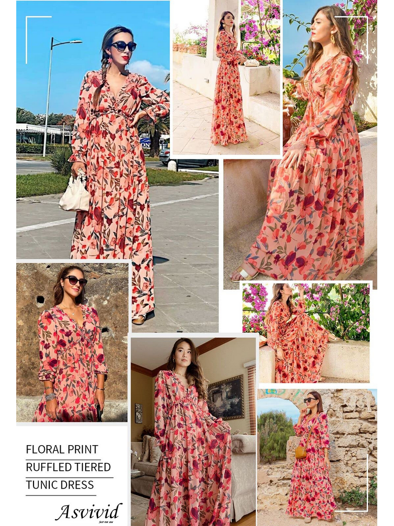 SHEWIN Womens Floral Maxi Dress Casual Deep V Neck Long