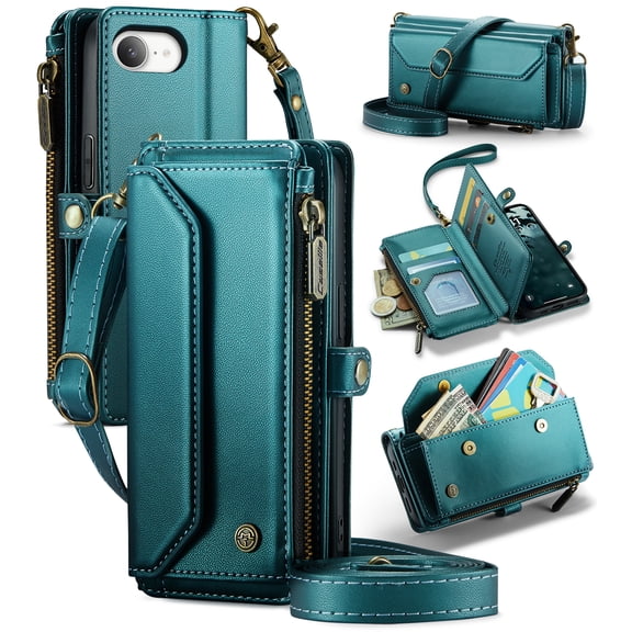 For iPhone 17 E Crossbody Wallet Case, with 10 Card Slots, Zipper RFID Blocking Pocket and Magnetic Flip Folio 3-in-1 PU Leather Wristlet Shoulder Strap Case,Green