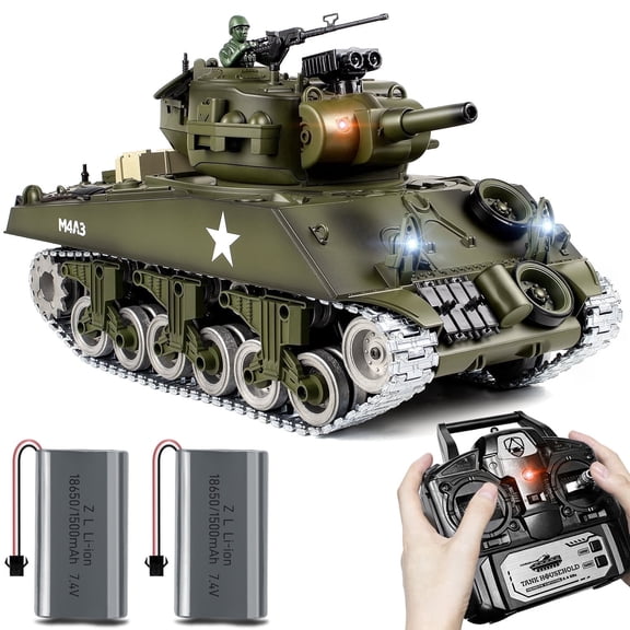 Upgraded Supdex 1:18 Metal US M4A3 Sherman RC Tank – 330° Rotating Turret, Smoke, Light & Sound Effects, Rechargeable, Climbing 40° Ramp, Great Gift for Kids Ages 6